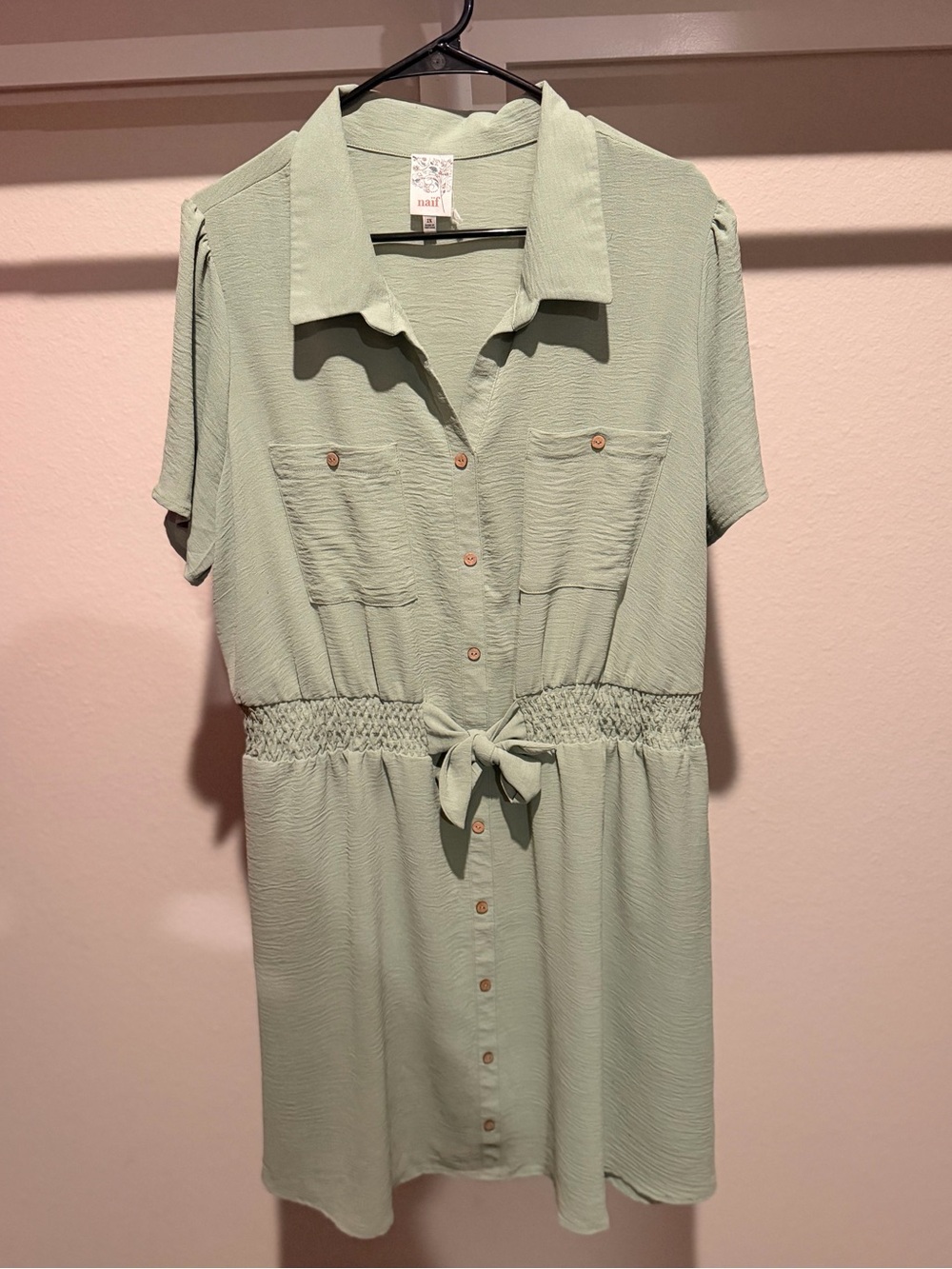 Short Sleeve Shirt Dress with Tie Waist - Sage Green